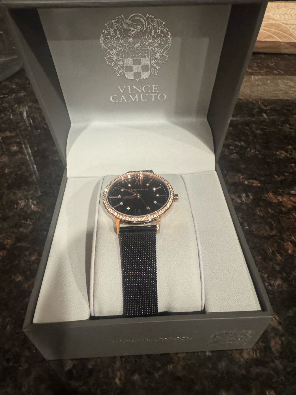 Vince Camuto Black Dial Rose Gold Case Mesh Strap Watch